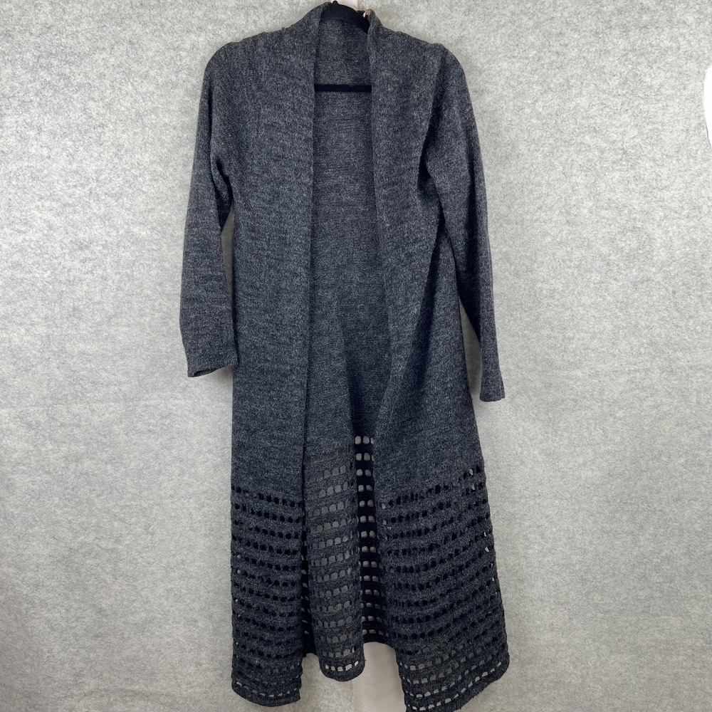 Soft Surroundings Cardigan Sweater Womens Medium Gray Duster Open Lattice Hem